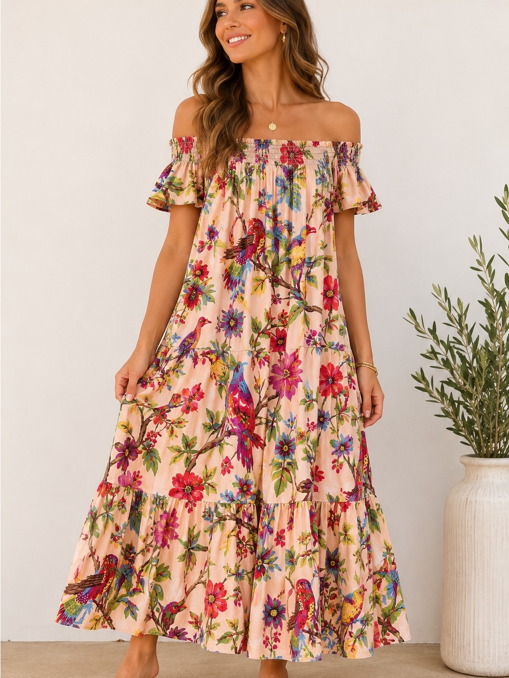 Guadalupe Floral Bird Print Cotton Midi Dress Women’s XS Pink Boho India